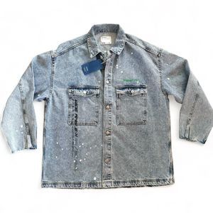 BERSHKA Streetwear Custom Oversized Denim Jacket Photography Raw Cuffs Sz L NWT